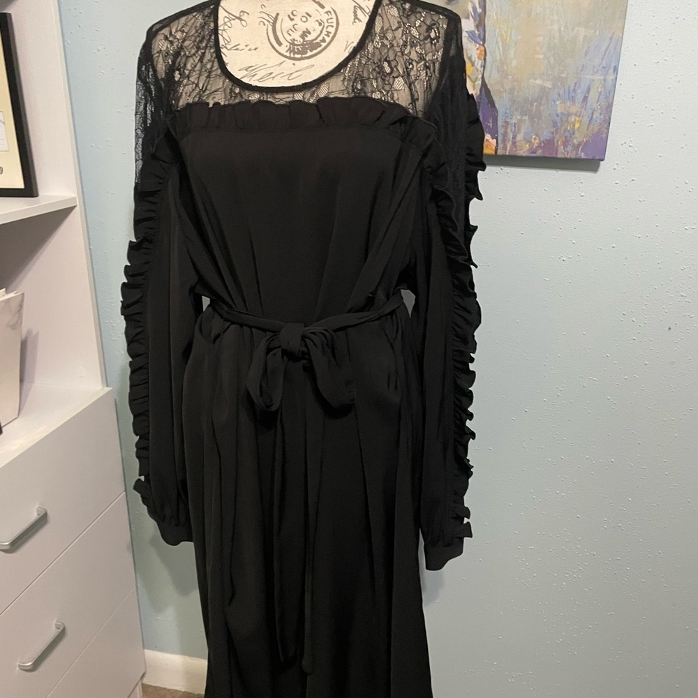 Eloquii Black Ruffled Tie Front Gown